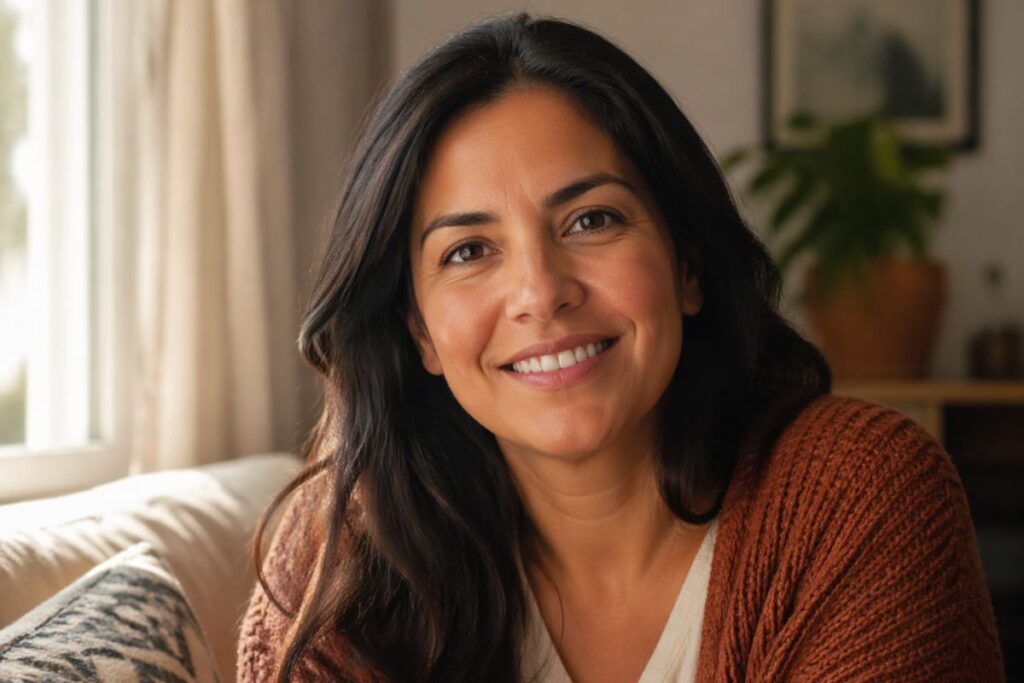 A mom smiling naturally at home — YC Dental blog on dental care for moms in Orange County